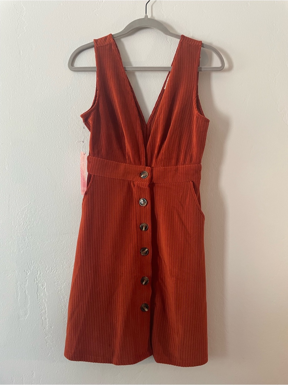 Fashion on Earth Deep V Soft Corduroy Mini Dress, Rust Orange, Small